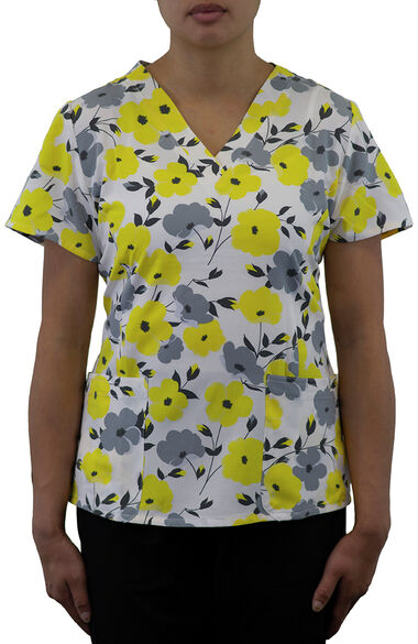 Women's Curved V-Neck Sunshine Blossoms Print Top, , large