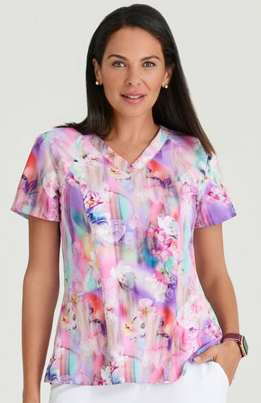 Clearance Women's V-Neck Floral Blooms Print Scrub Top, , large