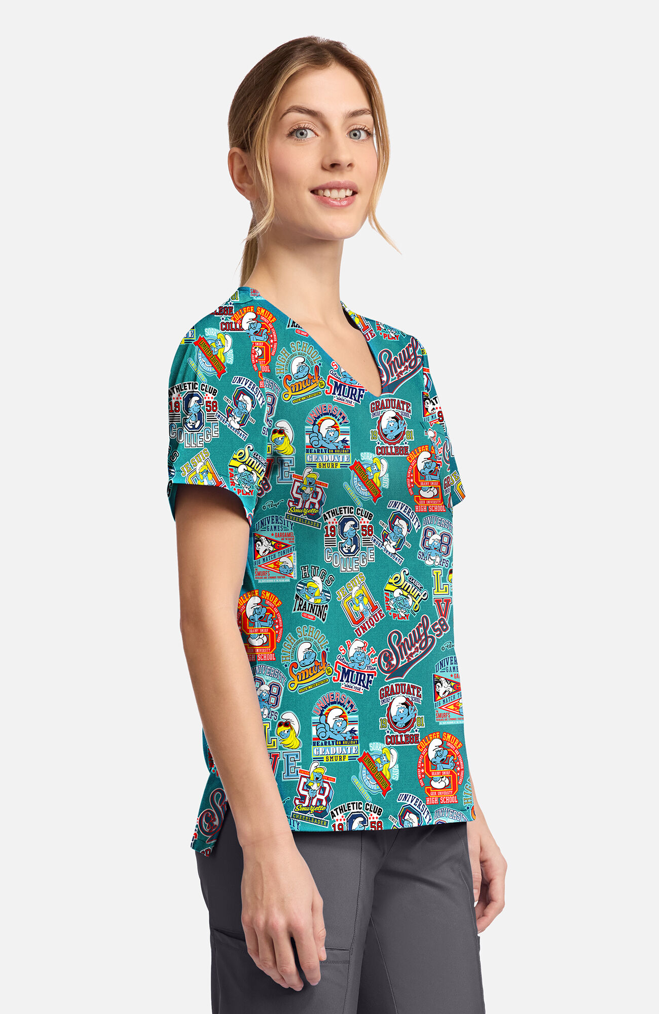 Women's Collegiate Smurfs Print Scrub Top, , large