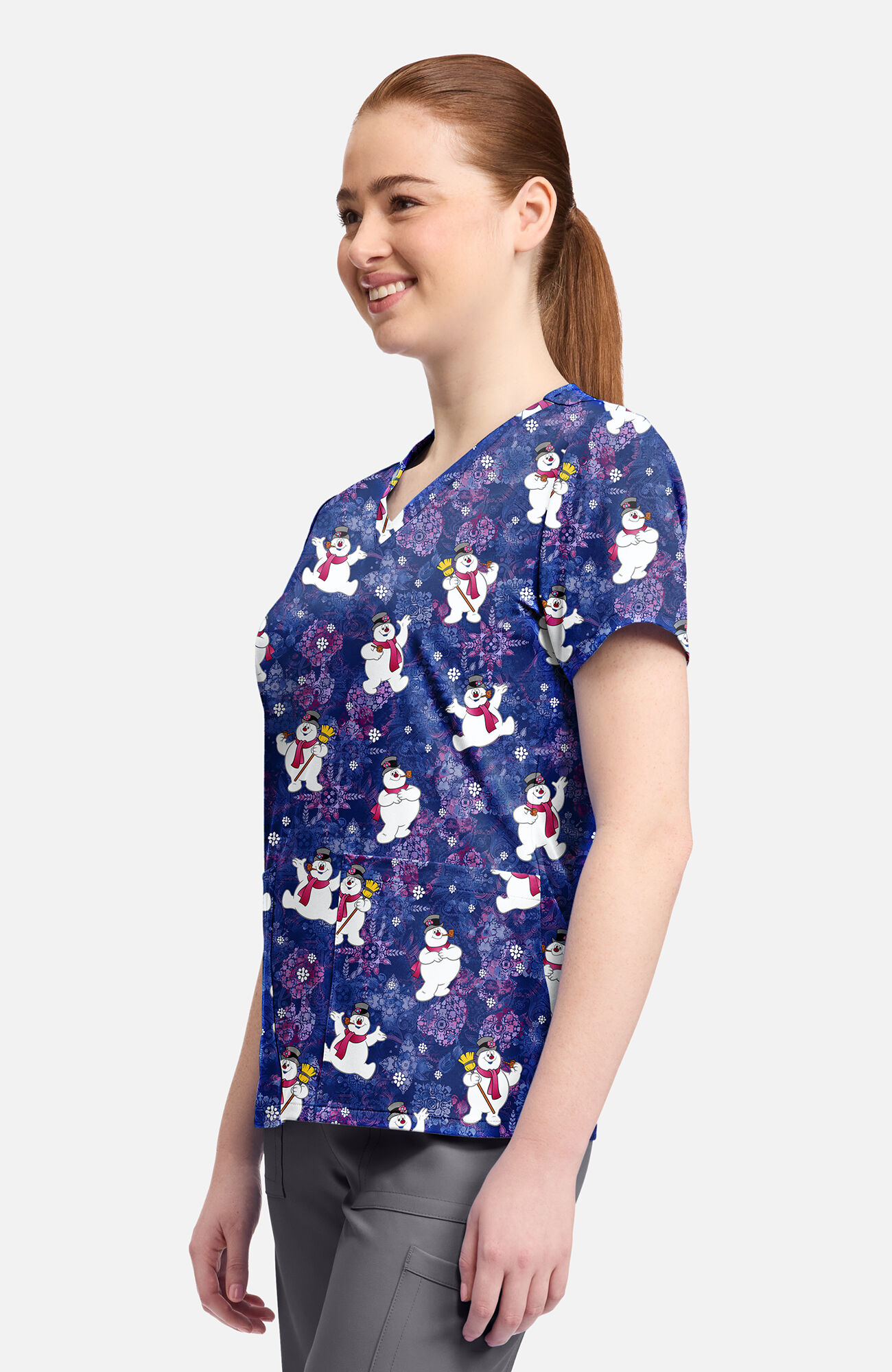Women's Frosty Snowman Chilly Tiles Print Scrub Top, , large