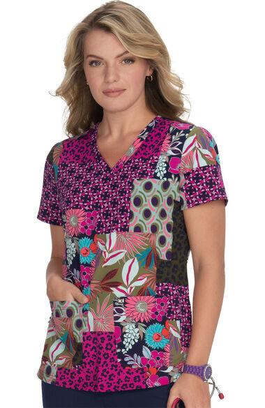 Women's Early Energy V-Neck Tropical Patch Print Scrub Top, , large