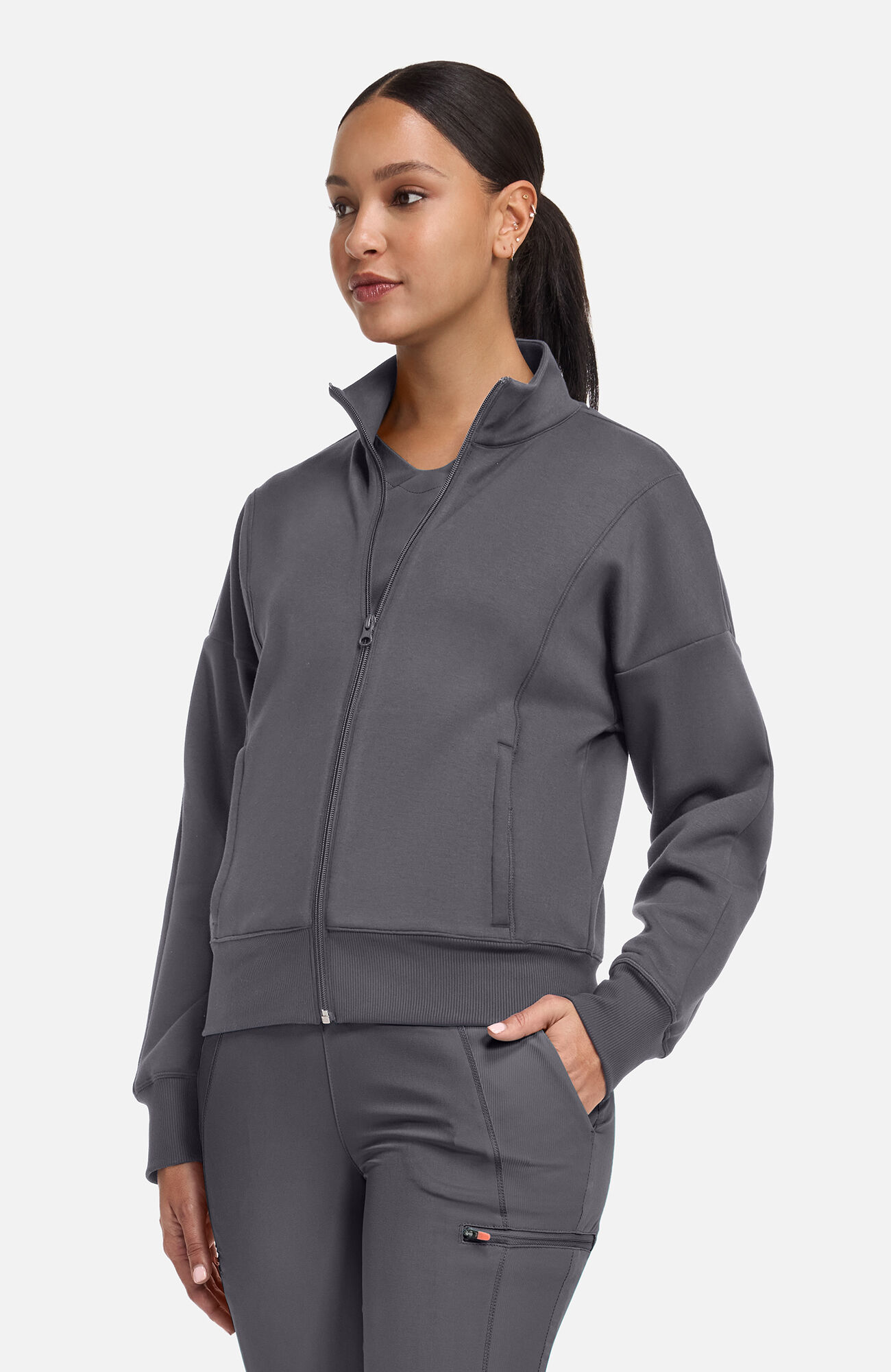 Women's Zip Front Dolman Cropped Scrub Jacket, , large