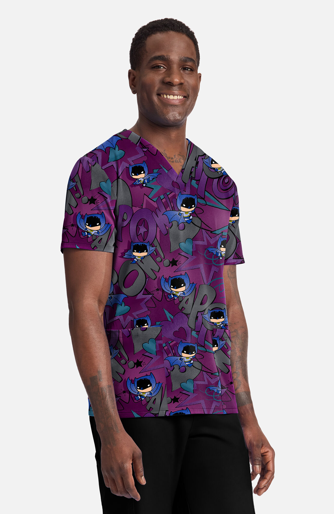 Men's Comic Hero Print Scrub Top, , large