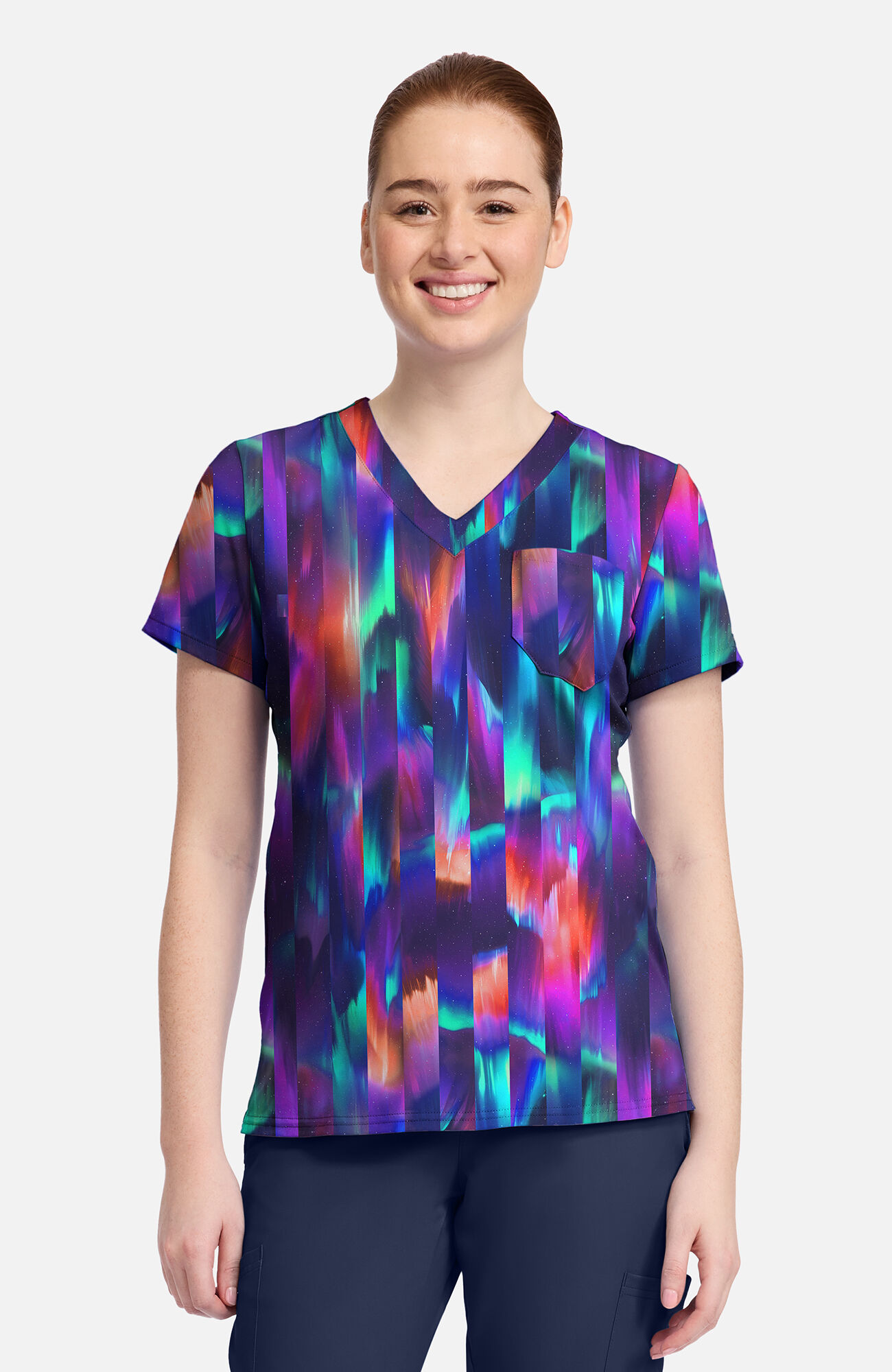 Women's V-Neck Aurora Stripe Print Scrub Top