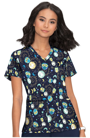 Clearance Women's Leslie V-Neck Space Owls Print Scrub Top, , large