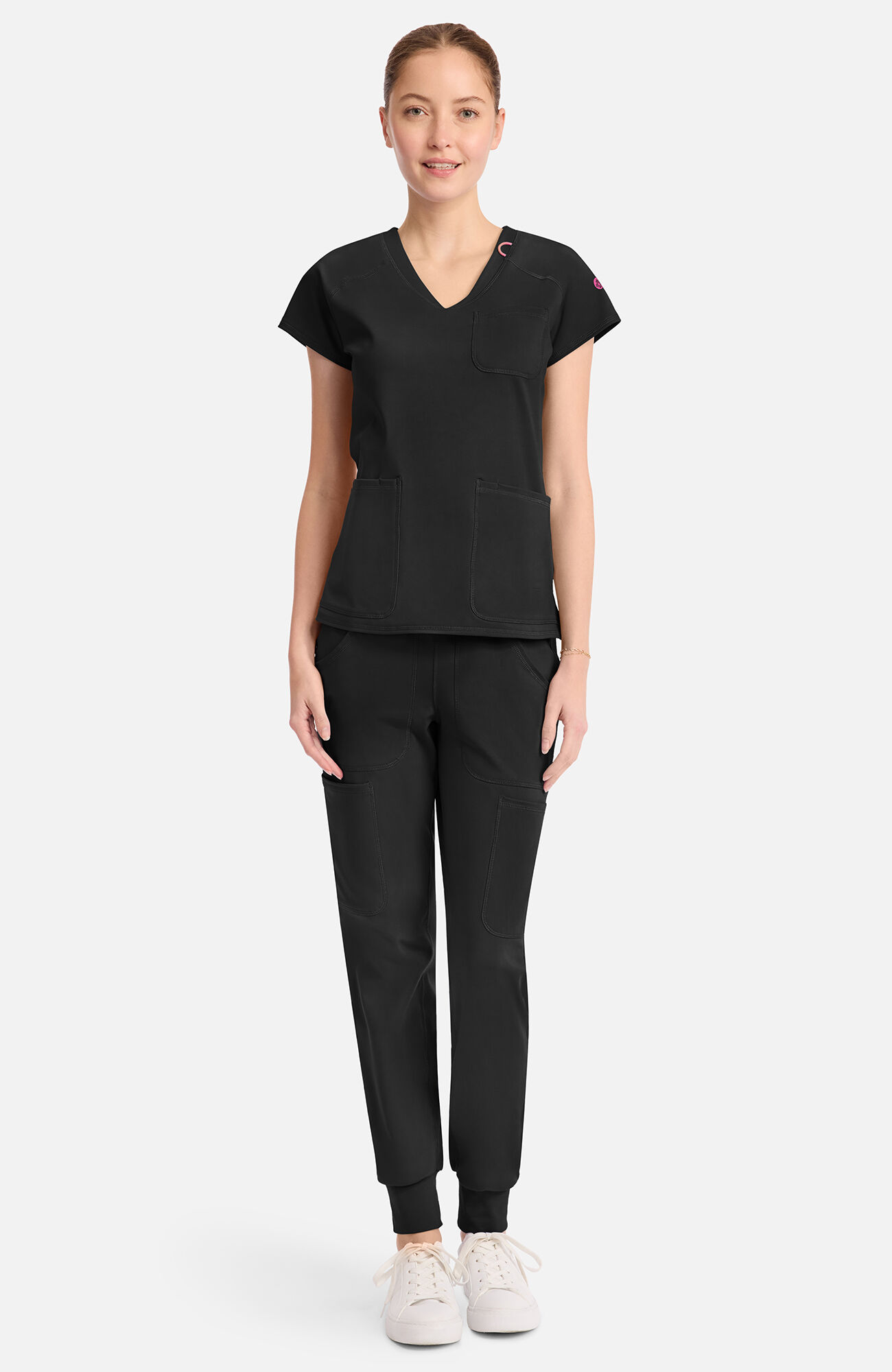 Women's Knit Raglan V-Neck Scrub Top, BLK Black | black, large