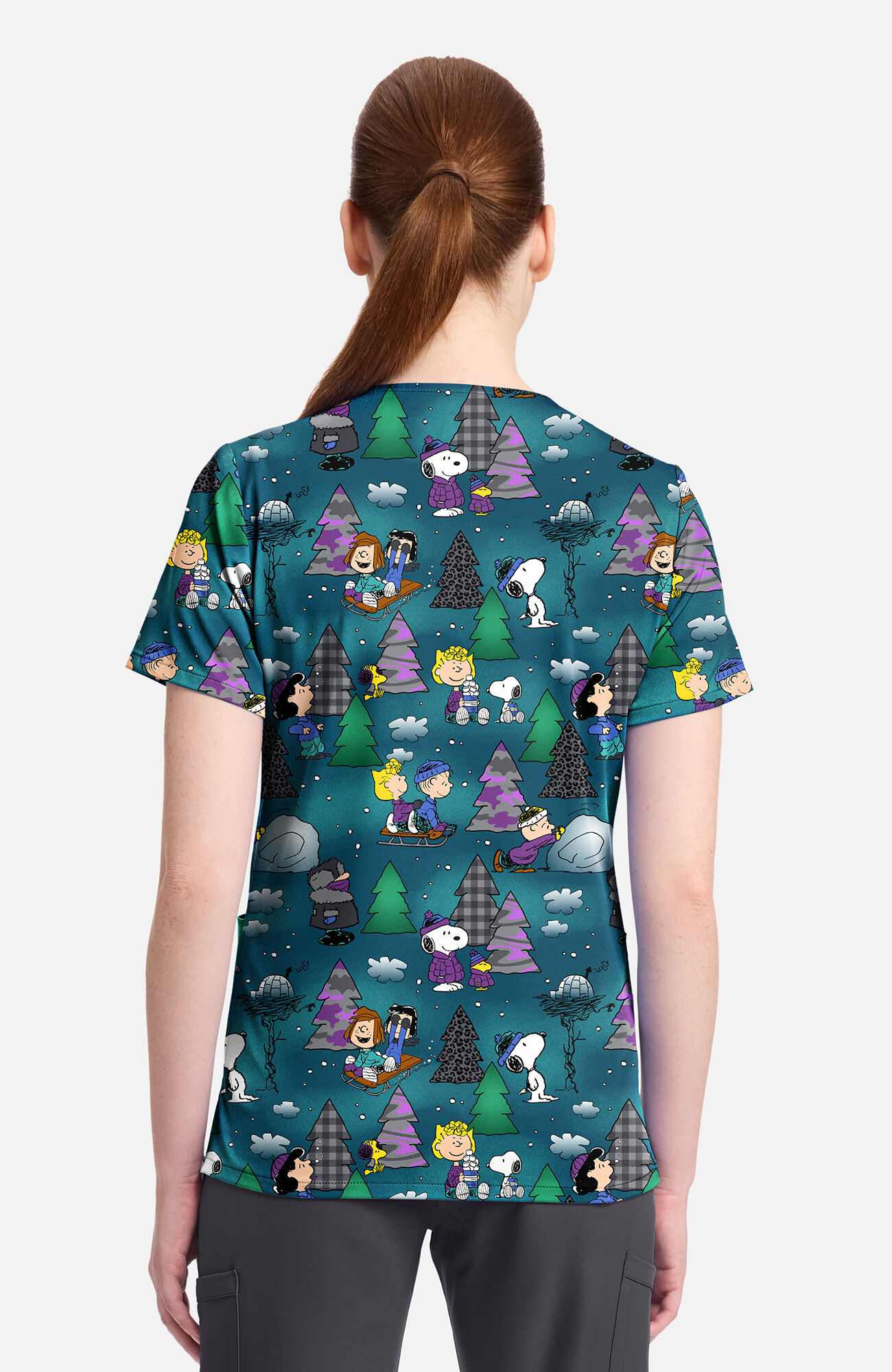 Women's Snoopy Winter Forest Print Scrub Top, , large