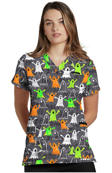 Clearance Women's Spooky Specter Print Scrub Top, , large