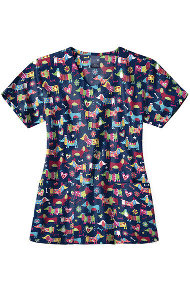 Clearance Women's Happy Hot Doggy Print Scrub Top, , large