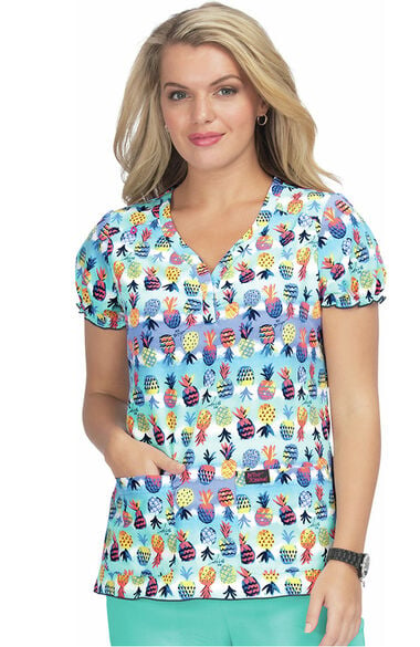 Clearance Women's Blossom Pineapple Paradise Print Scrub Top, , large