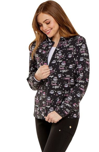 Clearance Women's Zip Front Warm-Up Owl Print Scrub Jacket, , large