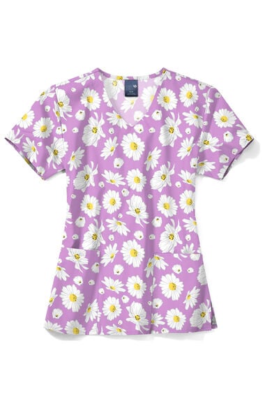Clearance Women's V-Neck Daisy Crazy Print Scrub Top, , large