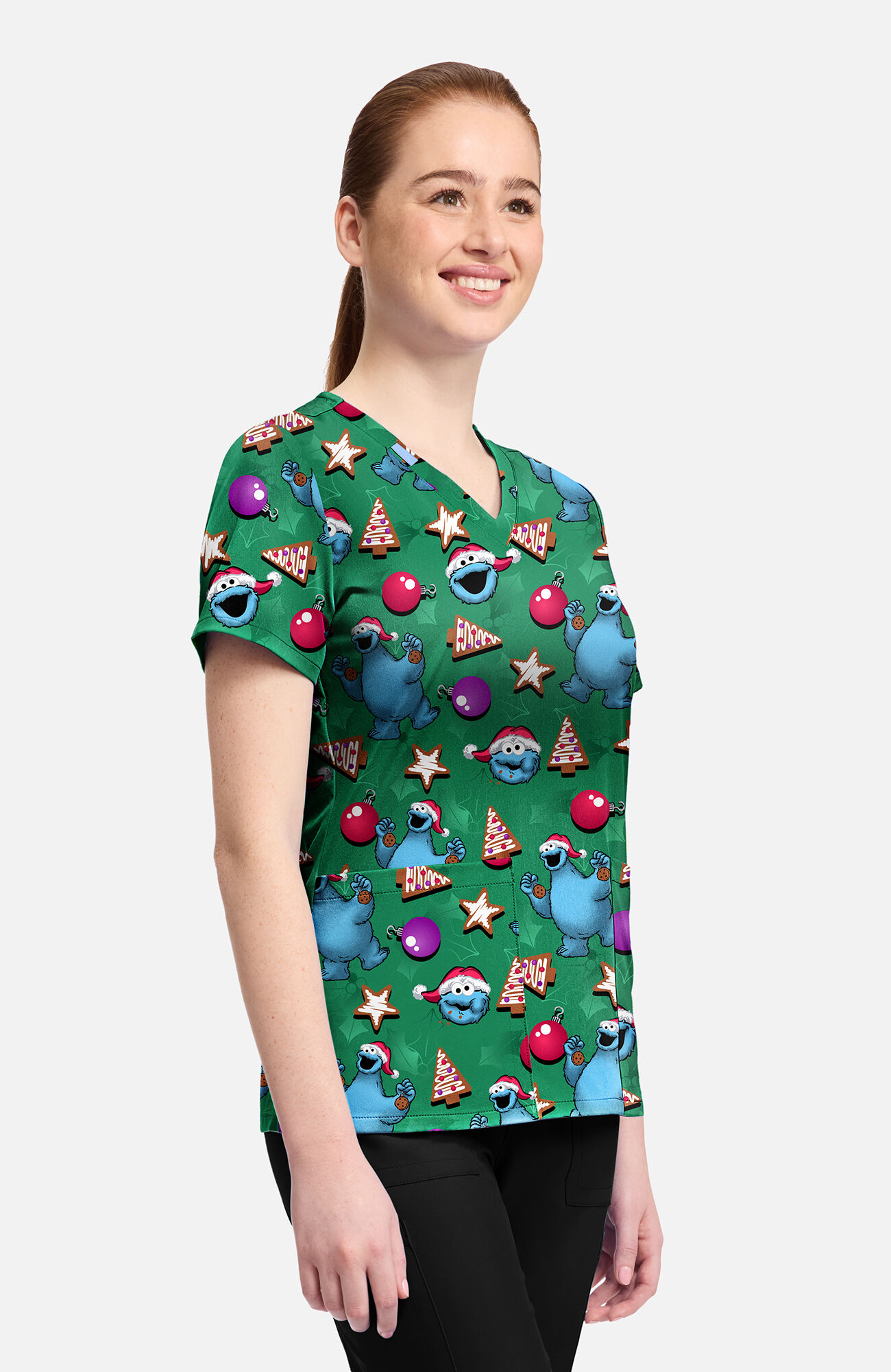 Women's Christmas Cookie Monster Print Scrub Top, , large
