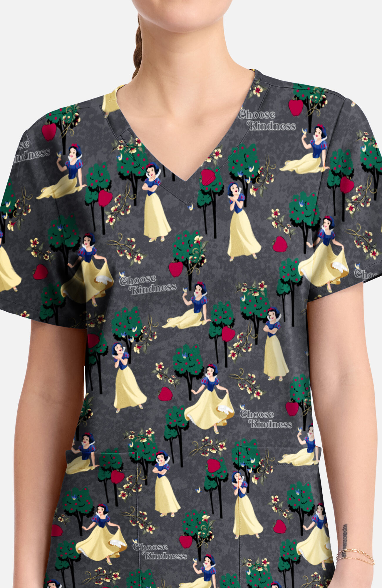 Women's Snow White Sending Kindness Print Scrub Top, , large