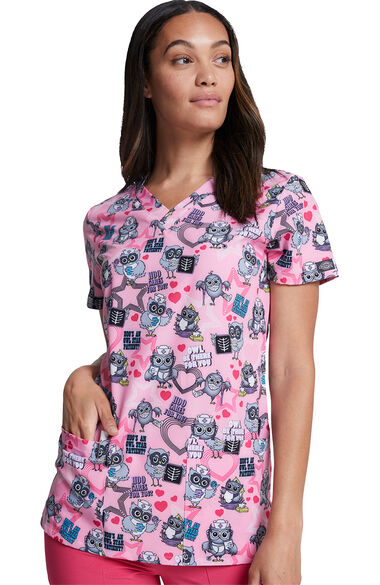 Clearance Women's Hoo Cares For You Print Scrub Top, , large