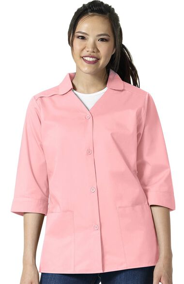 Clearance Women's ¾ Sleeve Button Front Solid Smock Scrub Jacket, , large