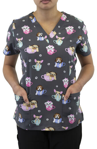 Women's Curved V-Neck Cup O' Pup Print Top