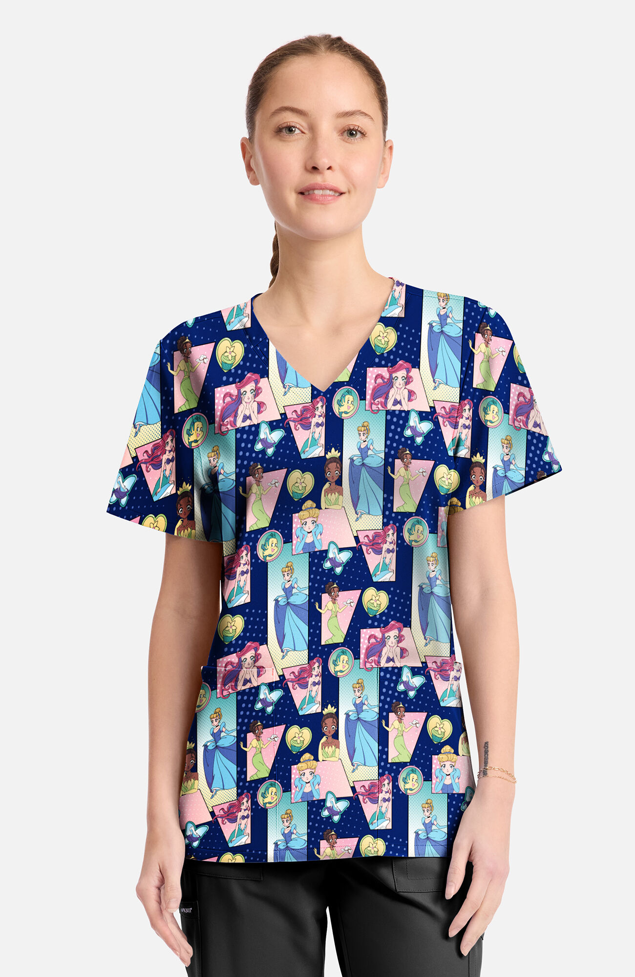 Women's Comic Princess Print Scrub Top
