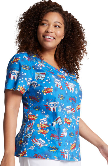 Women's Super Smile Print Scrub Top, , large