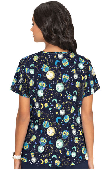 Clearance Women's Leslie V-Neck Space Owls Print Scrub Top, , large