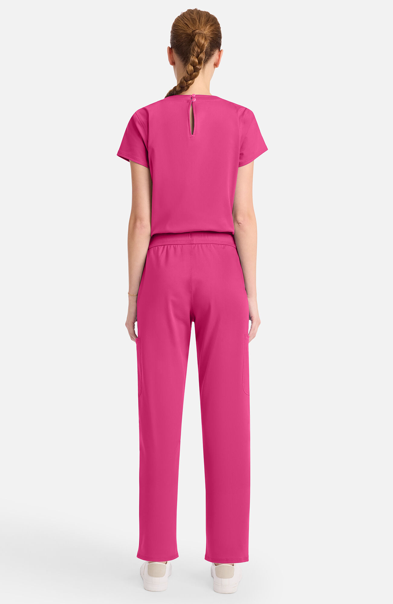 Women's Knit V-Neck Barrel Leg Scrub Jumpsuit, PKN Pink Power | pink, large