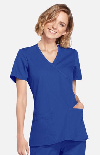 Women's Mock Wrap Knit Panel Solid Scrub Top Women's Mock Wrap Knit Panel Solid Scrub Top