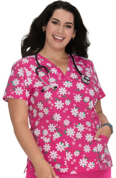 Clearance Women's Bell Happy Daisy Print Scrub Top, , large