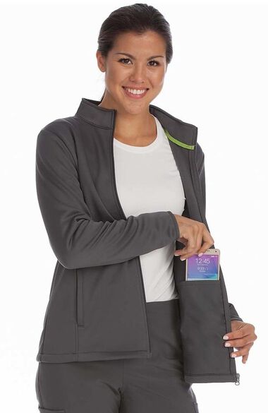 Women's Med Tech Zip Front Solid Scrub Jacket, , large