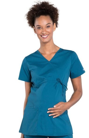 Clearance Women's Maternity Mock Wrap Soft Knit Panel Solid Scrub Top, , large