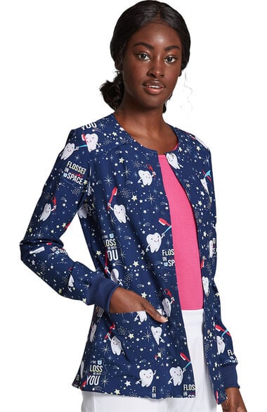 Clearance Women's Snap Front Flossed In Space Print Scrub Jacket, , large