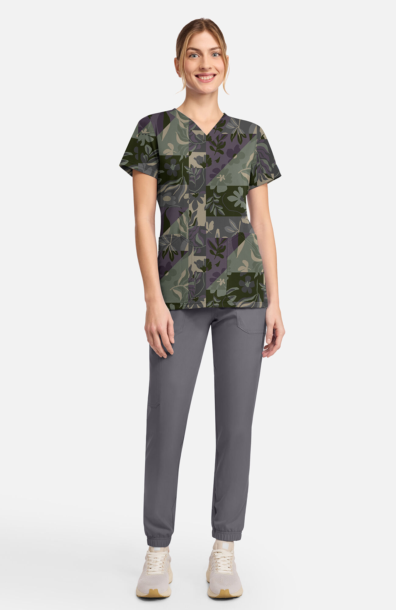 Women's Floral Geo Print Scrub Top, , large
