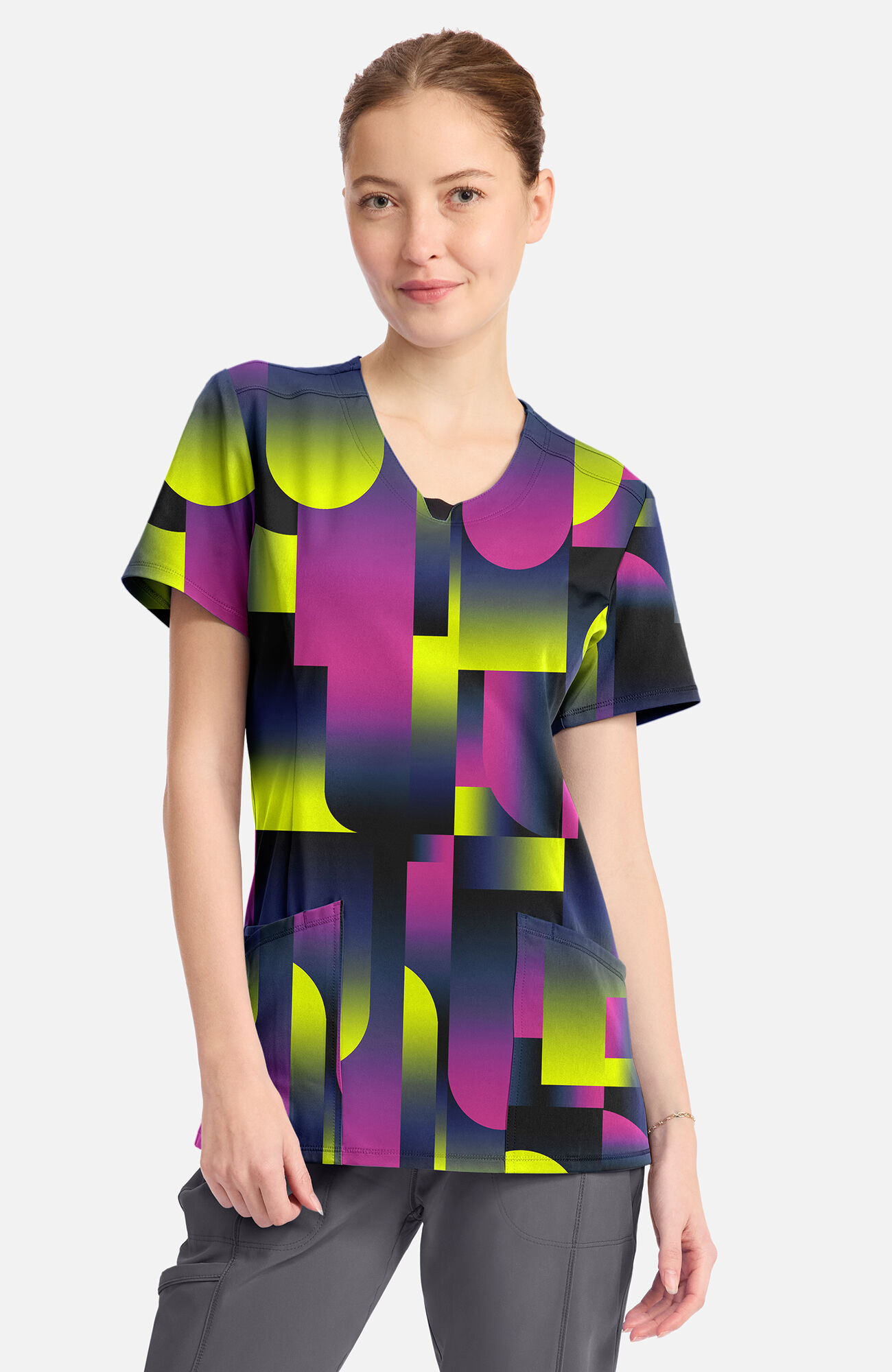 Women's Round Neck Portal Print Scrub Top, , large