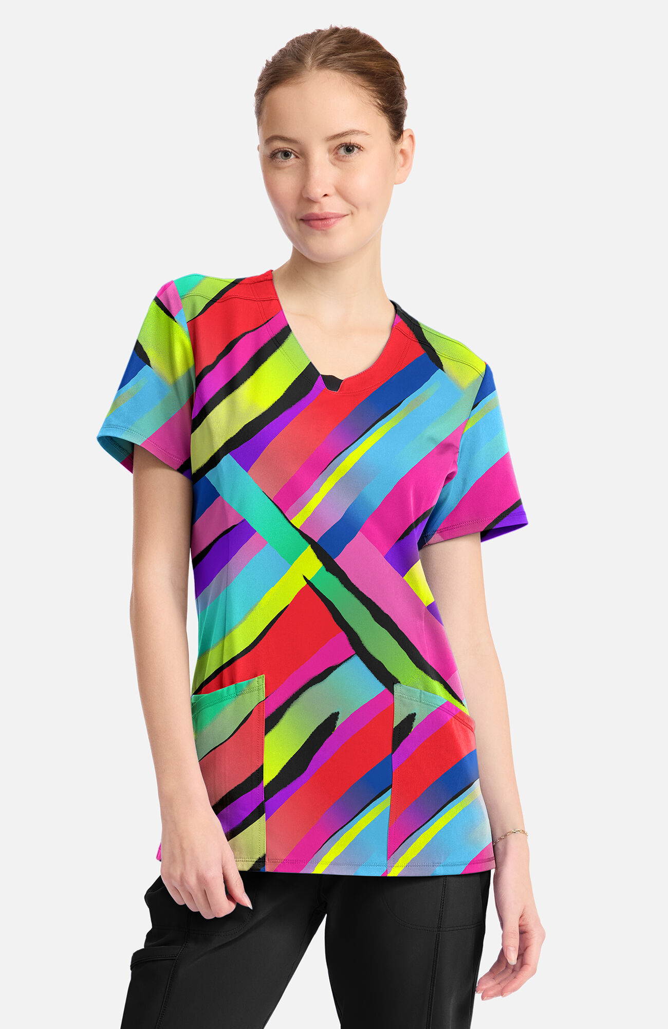 Women's Round Neck Color Block Stripe Print Scrub Top