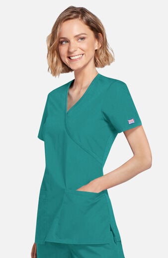 Women's Mock Wrap Knit Panel Solid Scrub Top Women's Mock Wrap Knit Panel Solid Scrub Top
