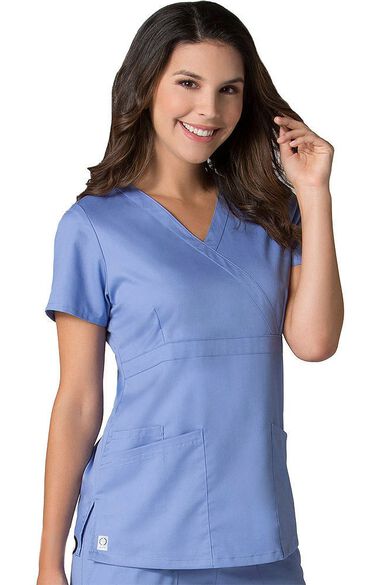 Clearance Women's COOLMAX Mock Wrap Mesh Panel Solid Scrub Top, , large