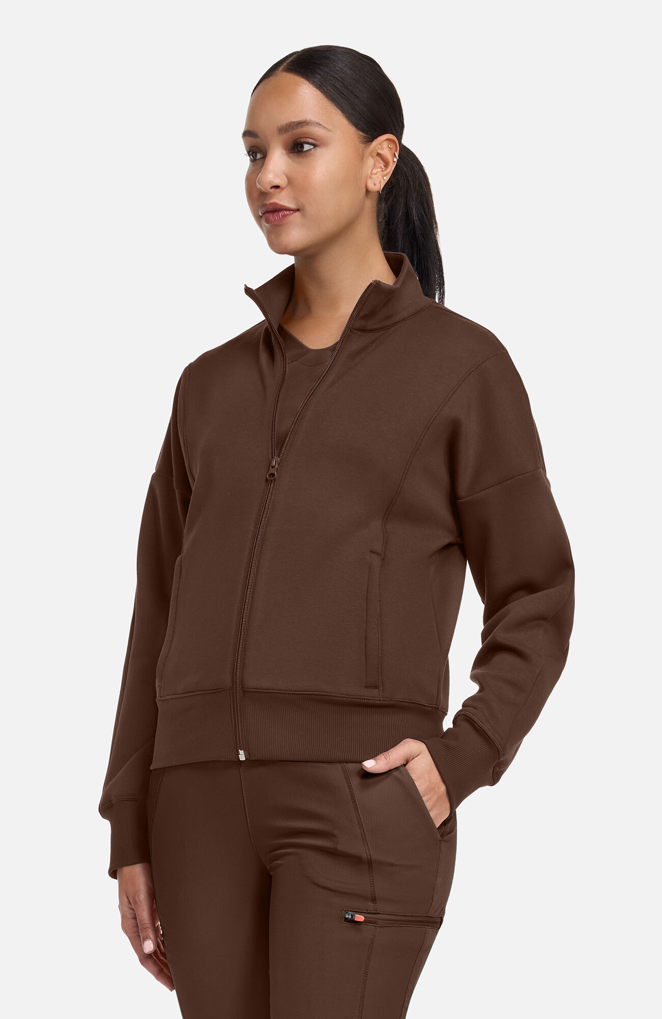 Women's Zip Front Dolman Cropped Scrub Jacket, EXE Espresso Express | brown, large
