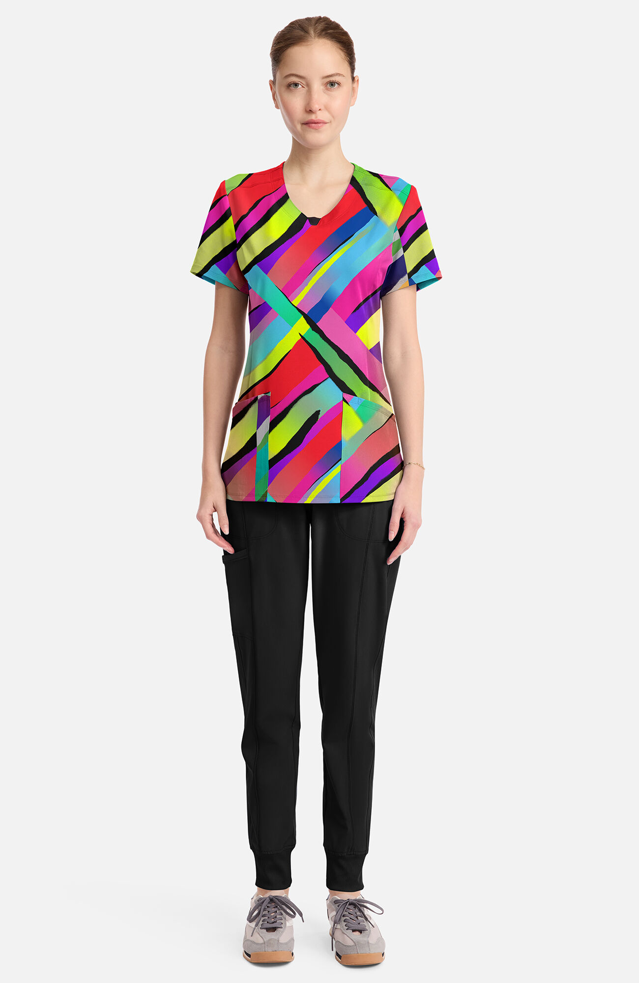 Women's Round Neck Color Block Stripe Print Scrub Top