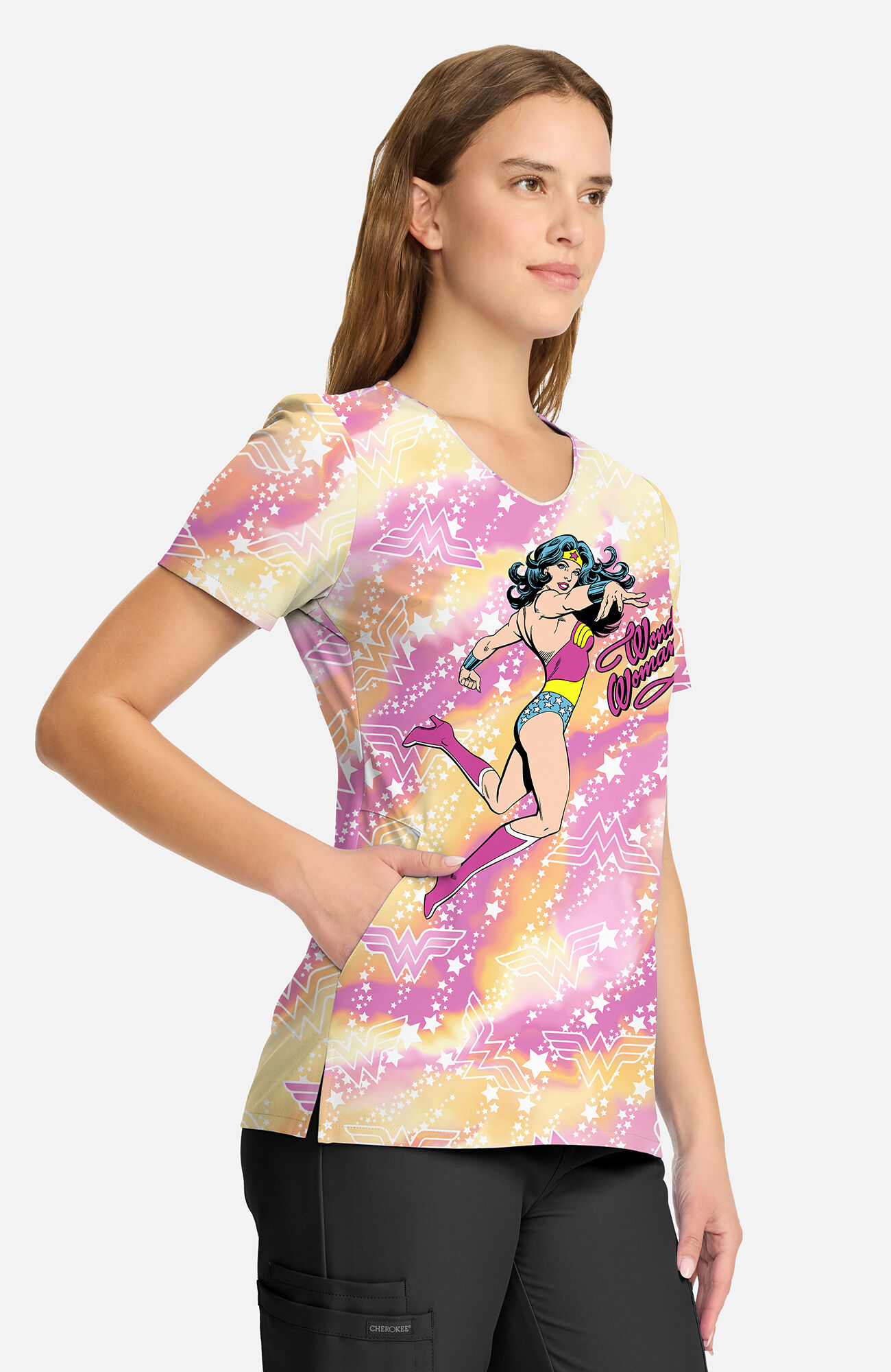 Women's Tiger Tie Dye Wonder Woman Print Scrub Top, , large