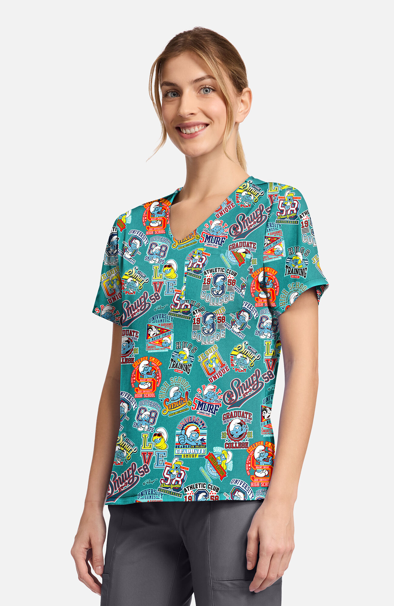 Women's Collegiate Smurfs Print Scrub Top, , large