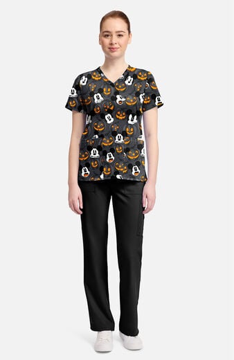 Women's Mickey Scaredy Pumpkin Print Scrub Top Women's Mickey Scaredy Pumpkin Print Scrub Top