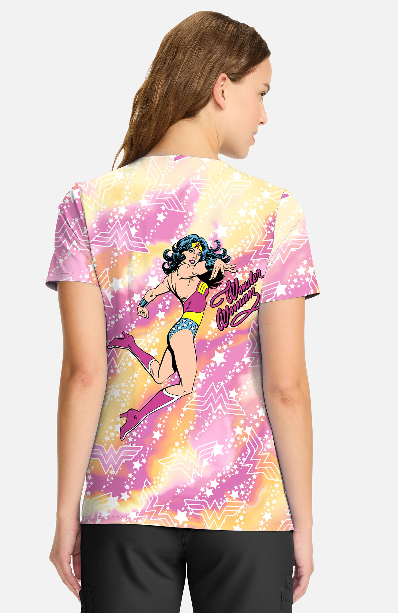 Women's Tiger Tie Dye Wonder Woman Print Scrub Top, , large