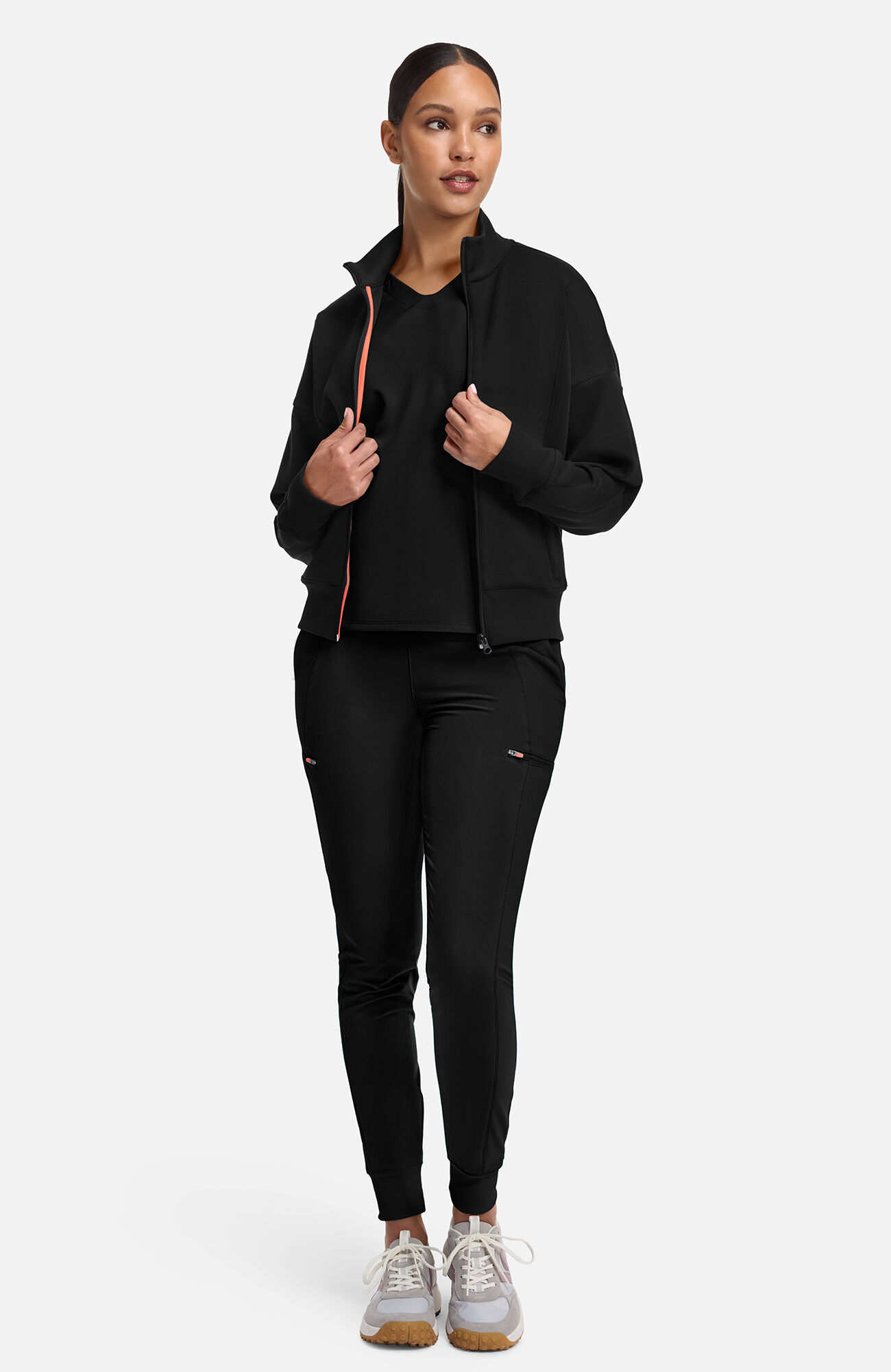Women's Zip Front Dolman Cropped Scrub Jacket, BLK Black | black, large