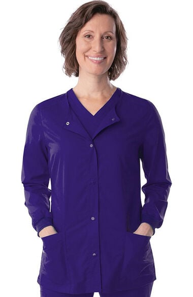 Women's Snap Front Warm Up Solid Scrub Jacket, , large