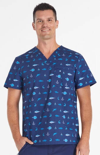 Men's Gone Fishin' Print Scrub Top Men's Gone Fishin' Print Scrub Top