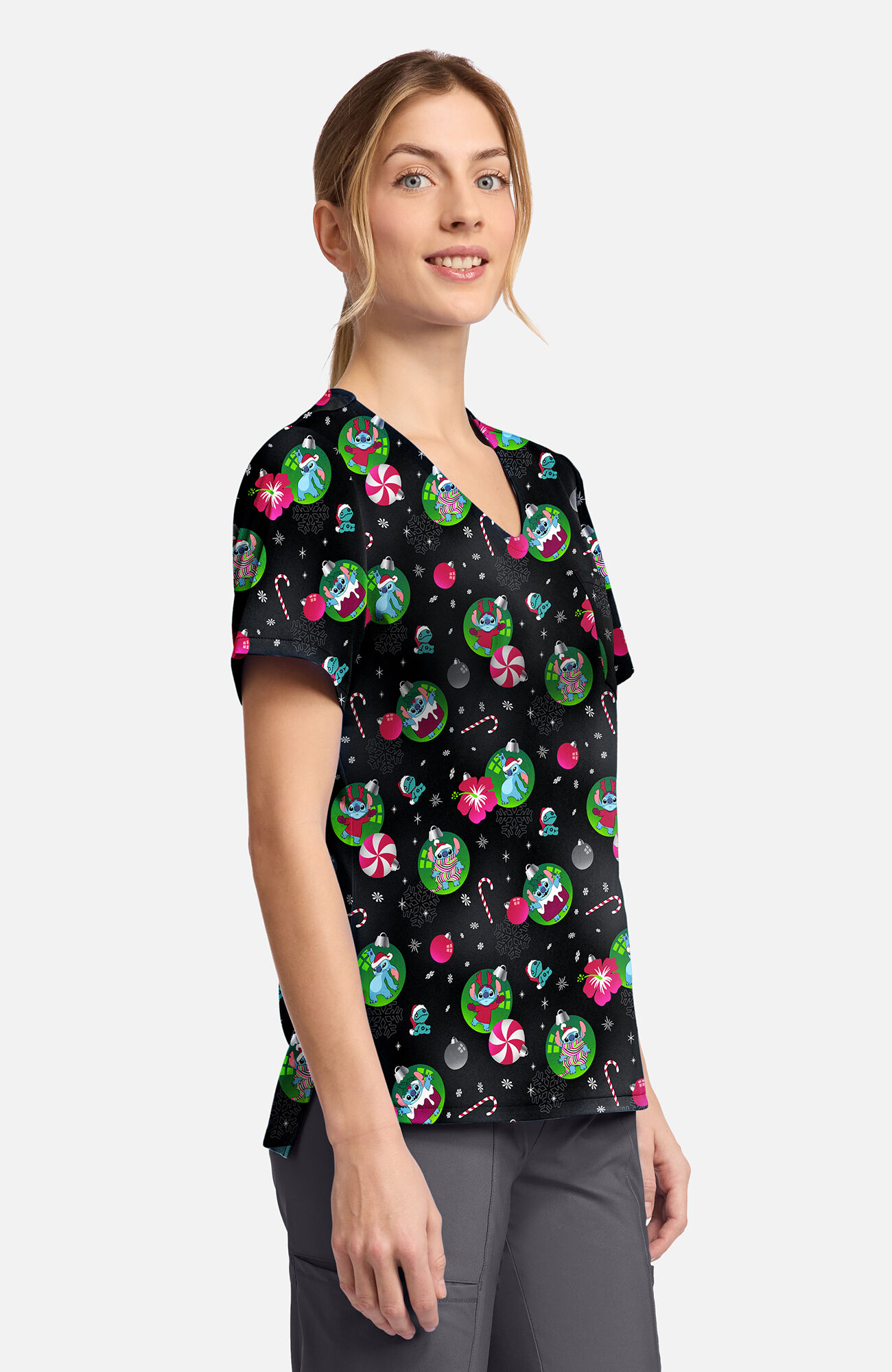 Women's Baubles And Bulbs Print Scrub Top, , large