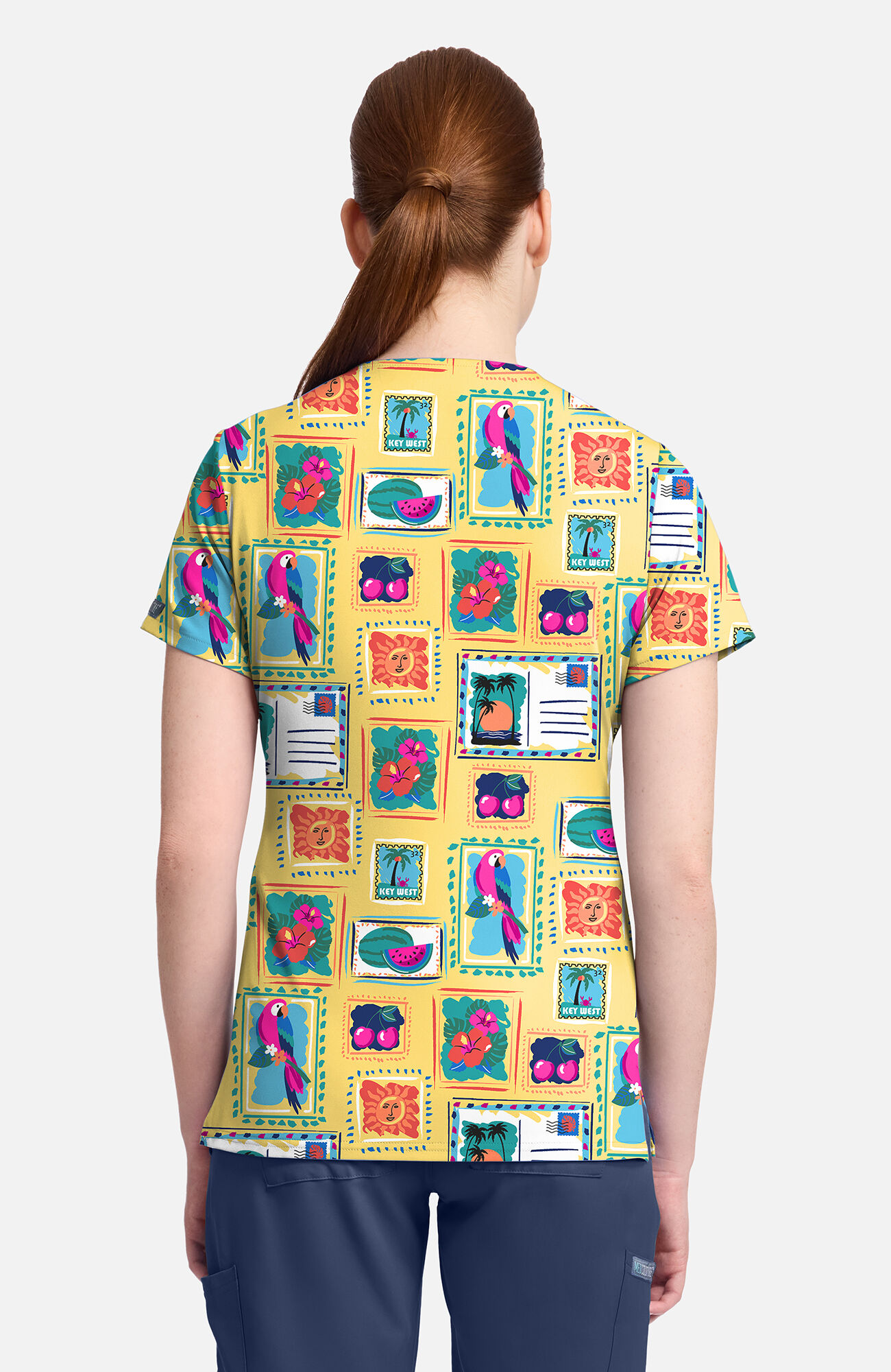 Women's V-Neck Vacation Post Card Print Scrub Top, , large