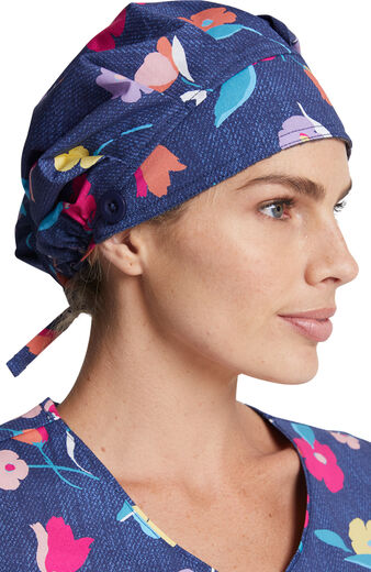 Women's Bouffant Denim Garden Print Scrub Hat