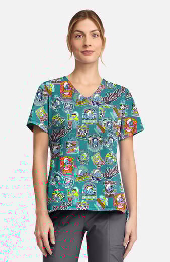 Women's Collegiate Smurfs Print Scrub Top Women's Collegiate Smurfs Print Scrub Top