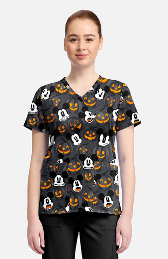 Women's Mickey Scaredy Pumpkin Print Scrub Top Women's Mickey Scaredy Pumpkin Print Scrub Top