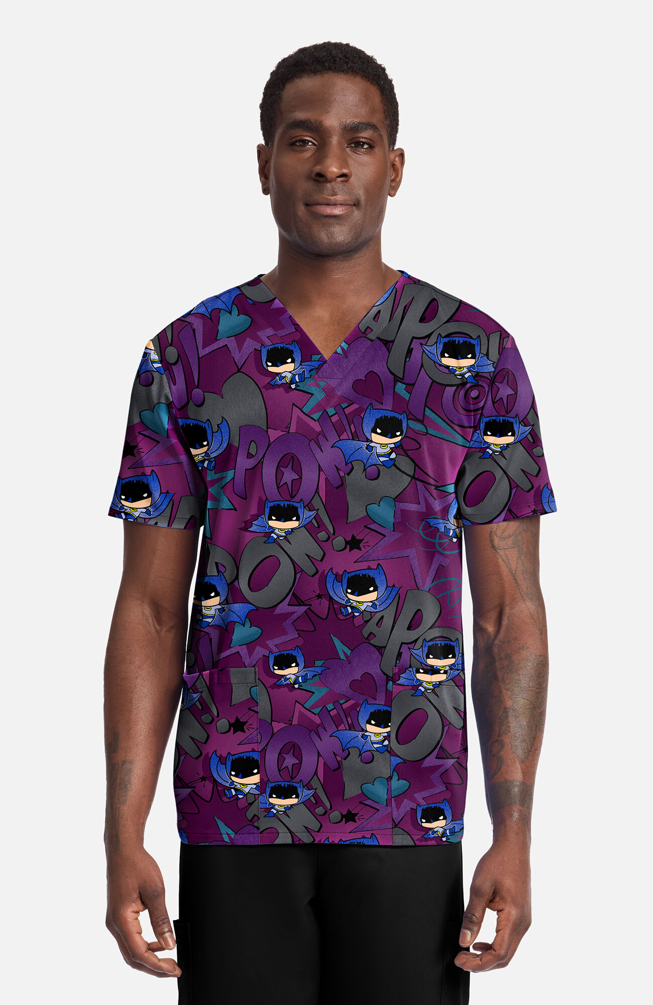 Men's Comic Hero Print Scrub Top, , large